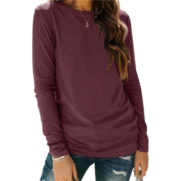 New Womens Long Sleeve Round Neck Basic Tee, Fall Tops - 2024 Outfits, Red S-XXL - Picture 1 of 6